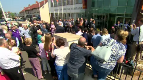 Crowds gathered to greet Leo Varadkar at the Museum of Orange Heritage in east Belfast