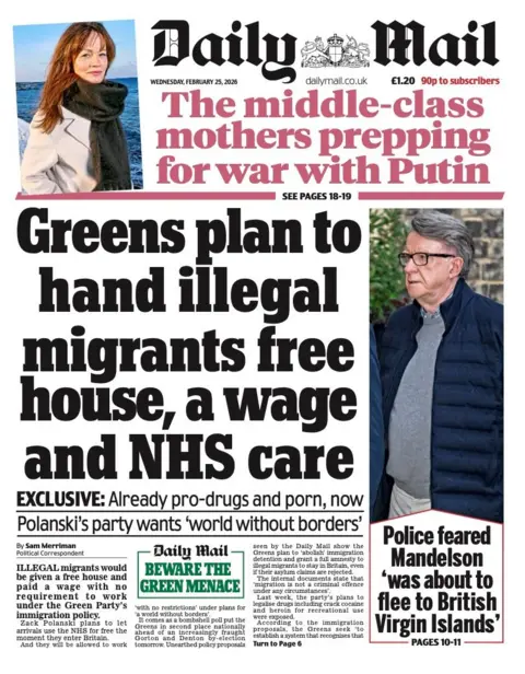 The headline on the front page of the Mail reads: "Greens plan to hand illegal migrants free house, a wage and NHS care".