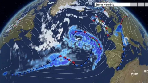 This image shows a map of Storm Herminia 