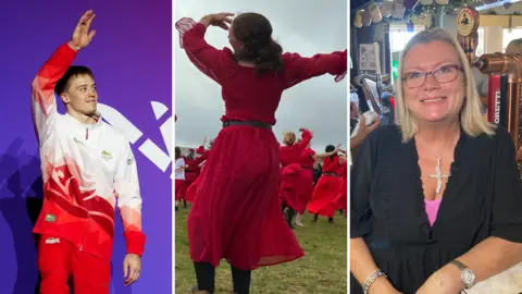Three side-by-side images; on the left, a young male gymnast wearing a red and white England team tracksuit waves to the crowd. In the centre, a group of people wearing red dresses dance in a grassy field. On the right, a woman with shoulder length blonde hair, glasses and a black dress leans on a pub bar.