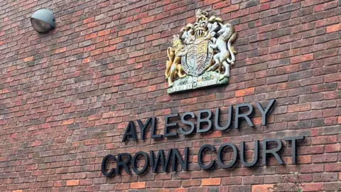 A brick wall belonging to Aylesbury Crown Court. The building is red bricks and there is lettering on the wall and a crest. The lettering is black and says AYLESBURY CROWN COURT.