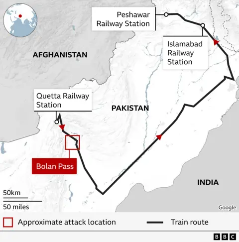 Map shows the place of attack in Pakistan at the plan with Afghanistan and India