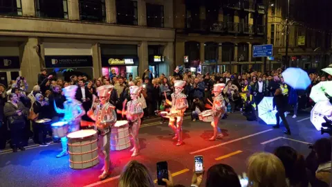 Leeds City Council Spark! drummers in the Light Night Parade