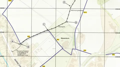Central Bedfordshire Council A map based on Ordnance Survey material showing the proposed route of a bridleway through a graveyard.