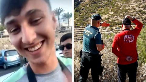 Jay Slater and police officers searching for a missing British youth in the Masca ravine, on the island of Tenerife, Spain