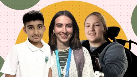 BBC a collage of three pupils , a young boy and two girls, against a pink, green and orange patterned backdrop