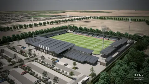 A computer generated aerial view of the proposed new stadium. 