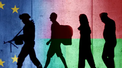 BBC Artwork of three migrants and a soldier, with EU and Belarus flags behind