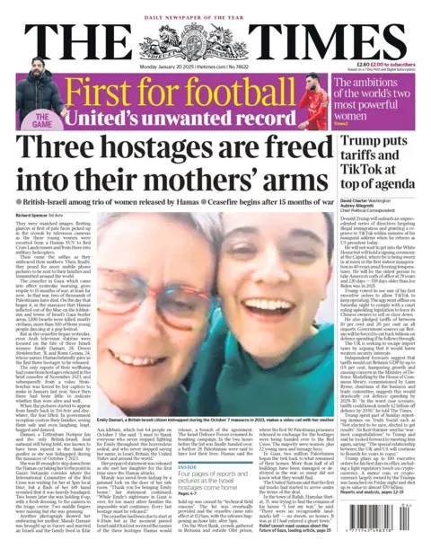 The front page of the Times reads: "Three hostages are freed into their mothers' arms". 