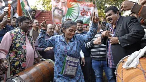Hindustan Times/Getty People celebrating the release of IAF pilot Abhinandan Varthaman at Sarojini Nagar on March 1, 2019 in New Delhi, India