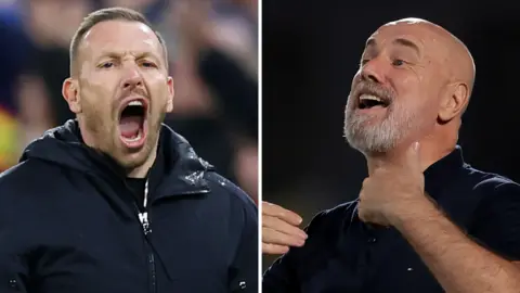 Separate images of Wales' Craig Bellamy and Bosnia's Sergej Barbarez animated on the touchline 