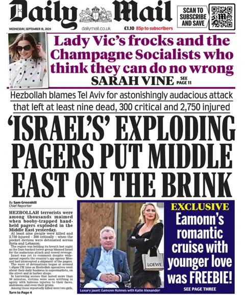 Daily Mail header  reads "Israel's exploding pagers enactment     Middle East connected  the brink" 