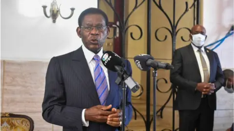 Getty Images Teodoro Obiang Nguema speaks after casting his ballot earlier this month