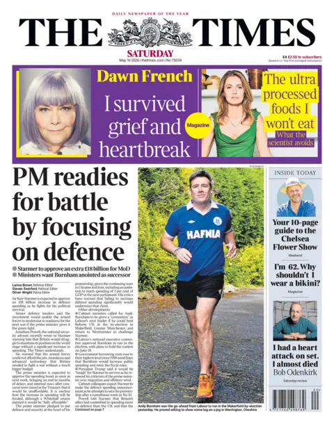 The headline on the front page of the Times reads: "PM readies for battle by focusing on defence."