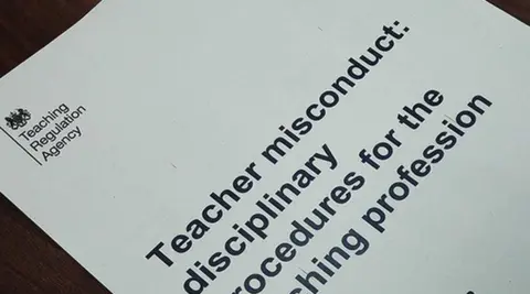 Teaching Regulations Agency A white sheet of paper with the Teaching Regulation Agency logo in the top left corner of the coroner's office. The words "Teacher Misconduct: Disciplinary Procedures for the Teaching Profession" can be seen on the paper.