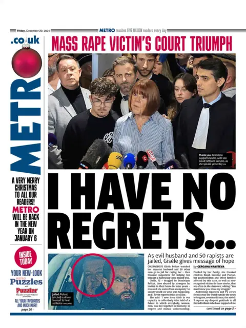 The main headline on the front page of the Metro reads: "I have no regrets"