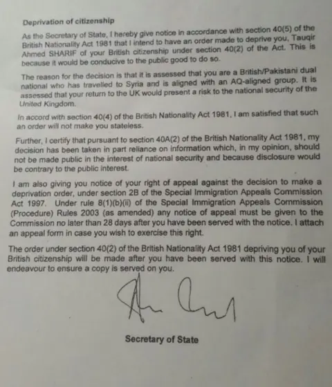 Home Office The letter from Amber Rudd to Tauqir Sharif