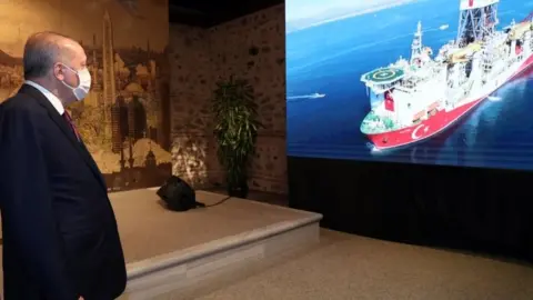 EPA President Erdogan in a call with the survey ship Fatih in the Black Sea as he announced the discovery of big gas deposits