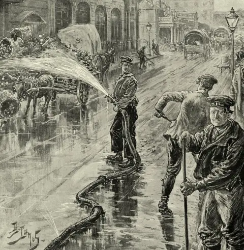 Getty Images Illustration of washing streets of London with antiseptic during cholera pandemic, 1890s