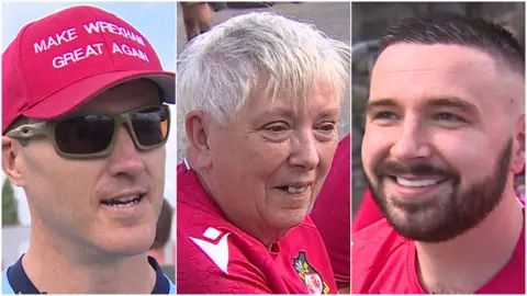 Wrexham fans Tom Evans, Karen Meredith and Jamie Dyson