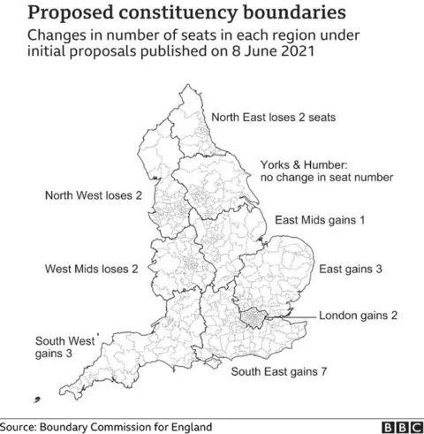 Map showing proposed constituency changes in England