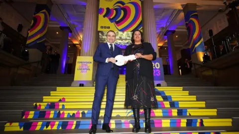 PA Media Mayor of Turin Stefano Lo Russo and Mayor of Liverpool Joanne Anderson at St George's Hall in Liverpool,