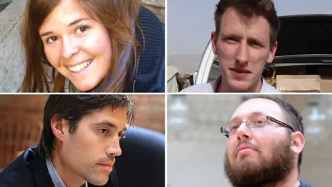 Handout/Boston Globe Clockwise from top left: Aid workers Kayla Mueller and Peter Kassig, and journalists Steven Sotloff and James Foley