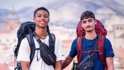 Childhood best friends Jo and Kush with their backpacks