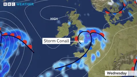 BBC Weather A graphic showing areas of low pressure moving across the Atlantic towards south-eastern England on Wednesday morning