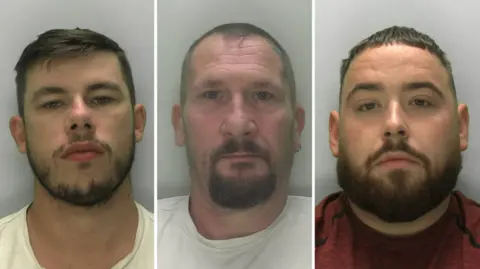 Gloucestershire Constabulary Three mugshots. All three men have brown hair and a beard. 