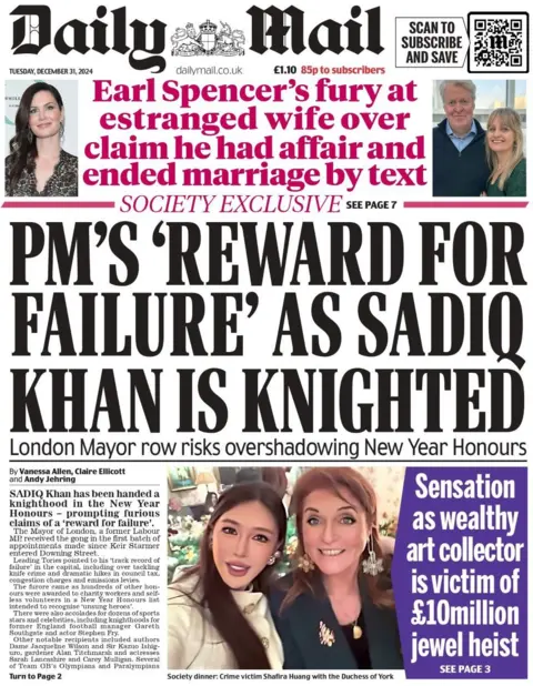 PM's 'reward for failure' as Sadiq Khan is knighted, reads the front of the Daily Mail 