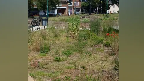 A neglected looking patch of ground with weeds and rough grass. Behind is a seat and a bin, and a building which could be a house of a shop.
