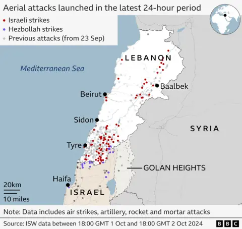 A map showing aerial attacks launched on Lebanon and Israeli between 18:00 GMT on 1 October and 18:00 GMT on 2 October. Most of the Israeli strikes have been on locations in southern Lebanon, while Hezbollah attacks have mostly been on northern Israel. 