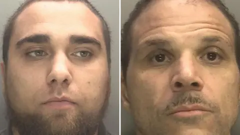 wmp Side-by-side police custody photographs showing two individuals against plain grey backgrounds. The image on the left shows a close-up head-and-shoulders view of an individual with short hair and a full beard. The image on the right shows a close-up head-and-shoulders view of an individual with short hair and facial hair around the upper lip and chin. A vertical black line separates the two photographs.