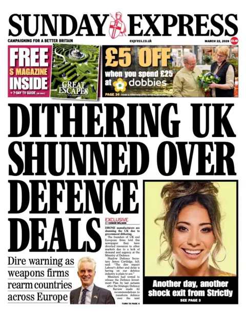 The headline on the front page of the Express reads: “Dithering UK shunned over defence deals”.