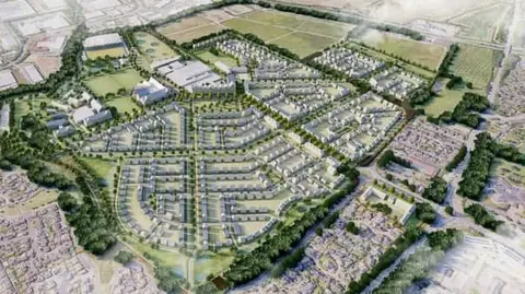 AEPG Artistic impression of the proposal with rows of houses surrounded by green spaces and existing homes