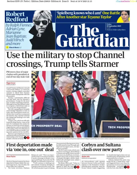 "Use the military to stop Channel crossings, Trump tells Starmer" reads the headline on the front page of The Guardian.