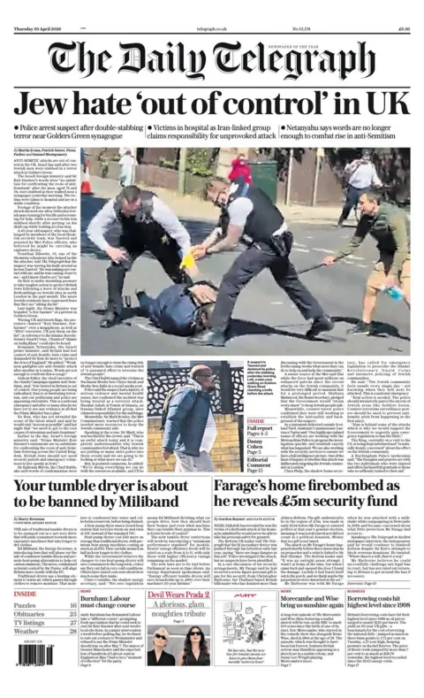 The headline on the front page of the Daily Telegraph reads: "Jew hate 'out of control' in UK."