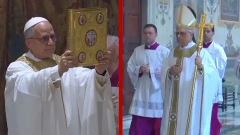 A composite image of Pope Leo XIV holding a book and a staff