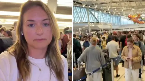 On the left, we see Christal Hayes standing in line at the airport. On the right, we see a big line.