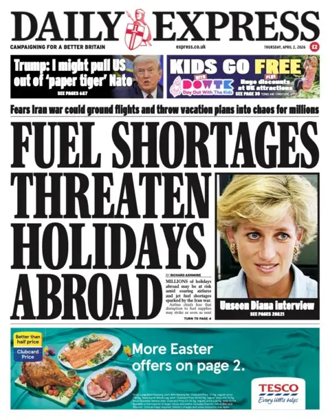 The headline on the front page of the Daily Express reads: "Fuel shortages threaten holidays abroad."