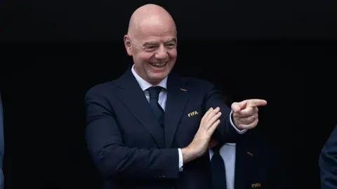 FIFA president Gianni Infantino points during to the FIFA World Cup 2026 Group I match between France and Iraq.