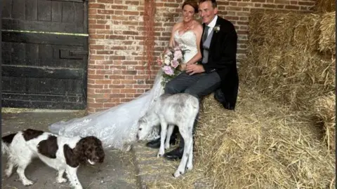 Supplied by Ms Nelson Angie Nelson is in a white strapless beaded and lace wedding dress, sitting on a hay bale next to her groom, who is wearing a morning suit. The white baby reindeer is leaning against them and a liver and white-coloured springer spaniel is walking across the barn floor.;