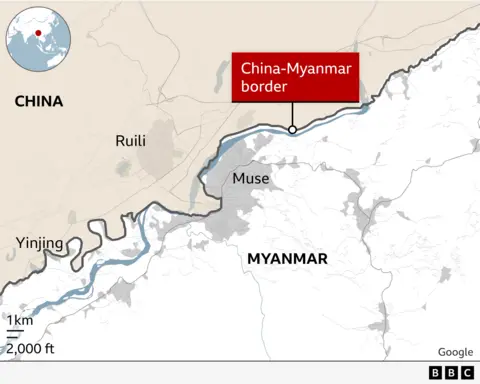 Ramani ya mpaka wa China na Myanmar na Ruili imewekwa alama