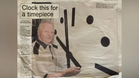 Matt Bradley A newspaper clipping from the Leamington Observer in 2005 showing a picture of Matt Bradley's dad holding the old Highfield Road Clock looking at the camera.