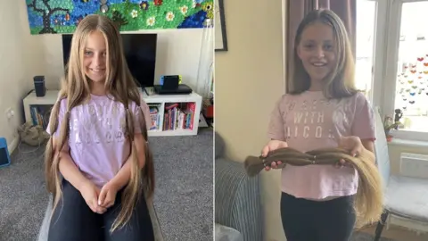 Two pictures of Mae before and after her haircut. In one her light brown hair is tied in bunches, ready for cutting. She is sat down and it flows down her sides. After the cut it is down to her shoulders, and she holds up the chopped locks. She wears a pink top and dark leggings.