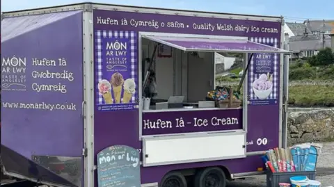 Helen Holland A purple ice cream van which has various text and posters on displaying the menu. The van is pictured in front of a bricked wall with houses in the far right. 