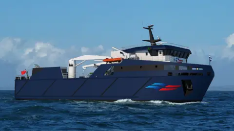Isles of Scilly Steamship Group An impression of a blue boat at sea with a telehandler and a cockpit aforeships and a logo coloured blue and red on the forward starboard side of the hull and a red ensign fluttering from the aft end of the vessel.