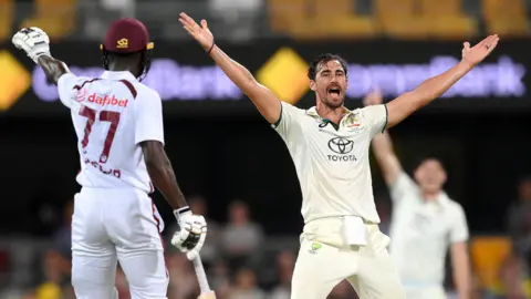 Australia's Mitchell Starc appeals for a wicket against West Indies in 2024