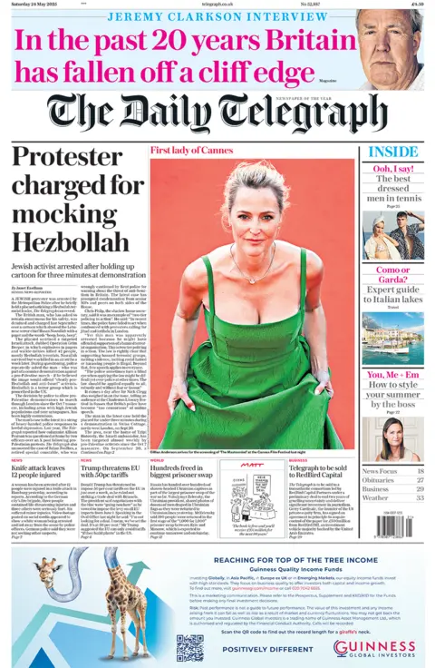Daily Telegraph front page with headline "Protester charged for mocking Hezbollah"